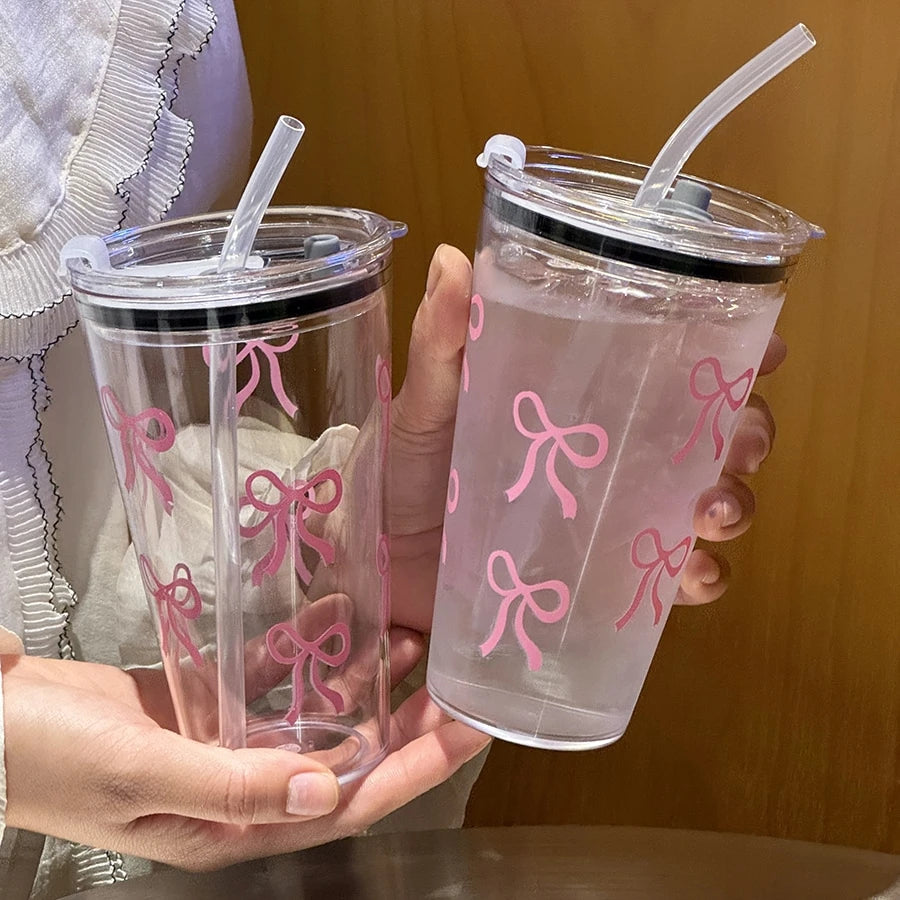 Pink Bow Plastic Cup, Transparent Milk Coffee Mug, Travel Outdoor Water Drinking Cup, Kitchen Water Cups with Straw