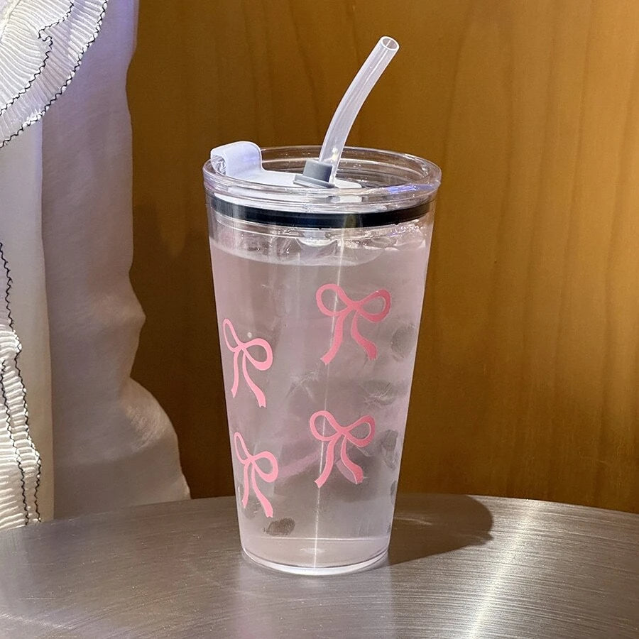Pink Bow Plastic Cup, Transparent Milk Coffee Mug, Travel Outdoor Water Drinking Cup, Kitchen Water Cups with Straw