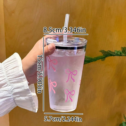 Pink Bow Plastic Cup, Transparent Milk Coffee Mug, Travel Outdoor Water Drinking Cup, Kitchen Water Cups with Straw
