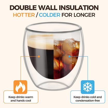 Double-Wall Clear Glass Espresso Cups, Insulated Coffee, Latte, Tea, Cafe, Milk, Restaurant Use