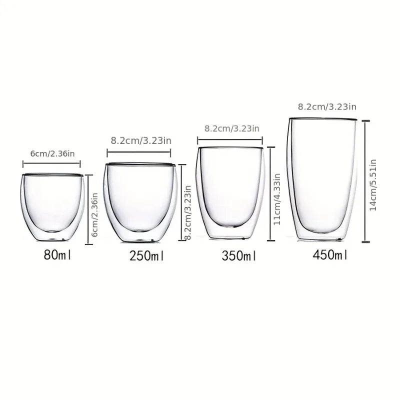 Double-Wall Clear Glass Espresso Cups, Insulated Coffee, Latte, Tea, Cafe, Milk, Restaurant Use