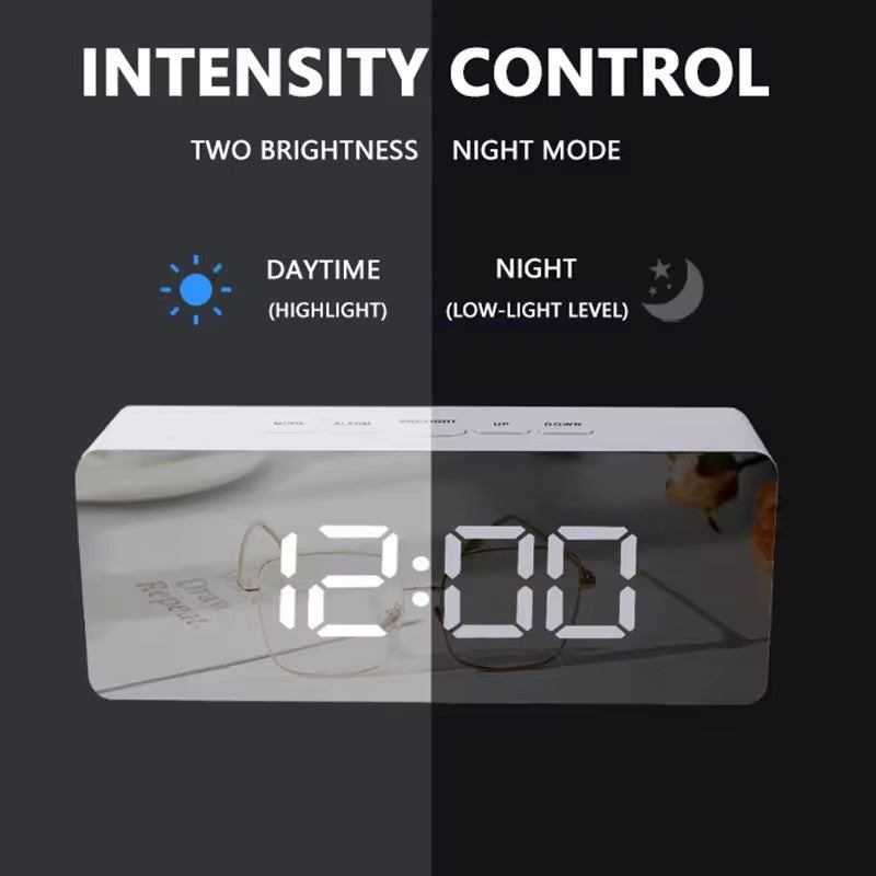 Mirror LED Digital Alarm Clock, Temperature Display, Smart Night Light, Bedroom Vanity Office Use