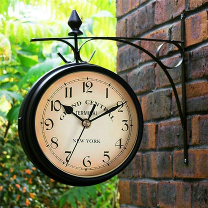Double Sided Wall Clock, High Quality Durable Retro Metal Clock, Home Decor Garden Decoration Train Station