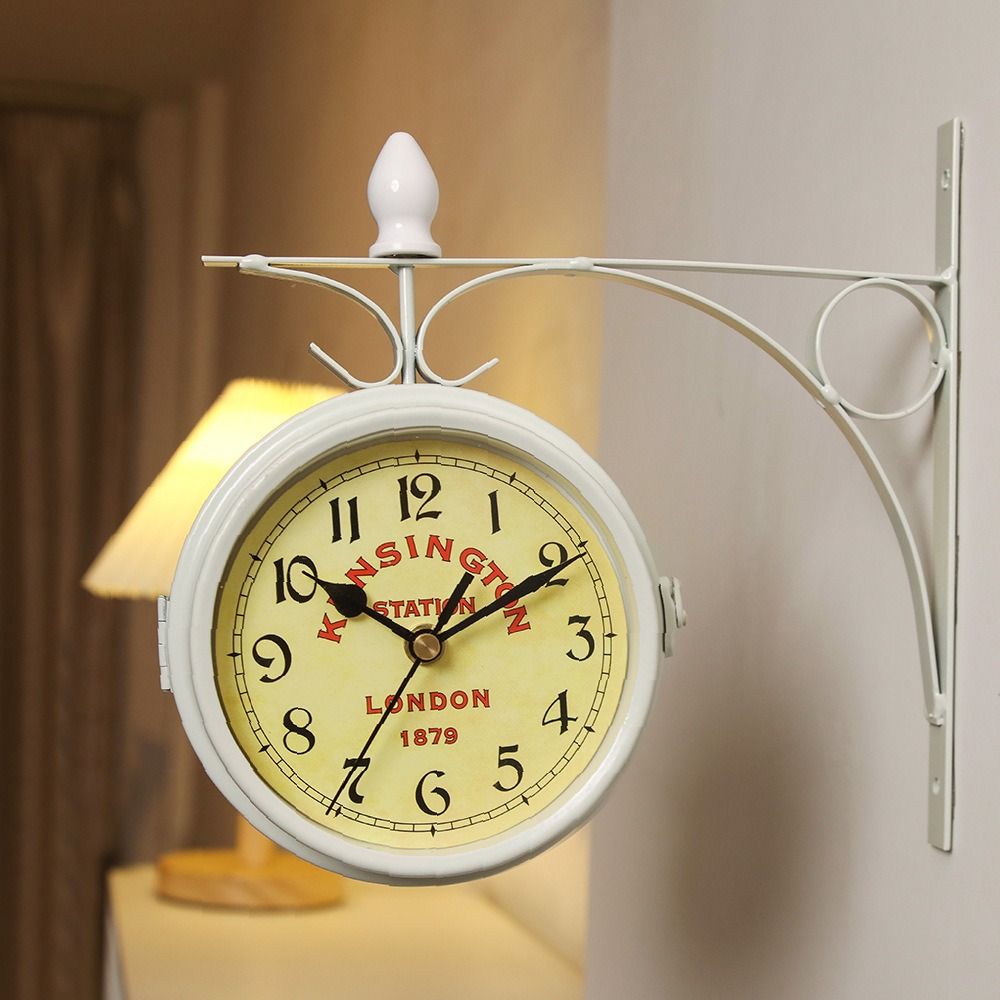 Double Sided Wall Clock, High Quality Durable Retro Metal Clock, Home Decor Garden Decoration Train Station