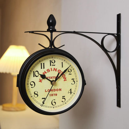 Double Sided Wall Clock, High Quality Durable Retro Metal Clock, Home Decor Garden Decoration Train Station