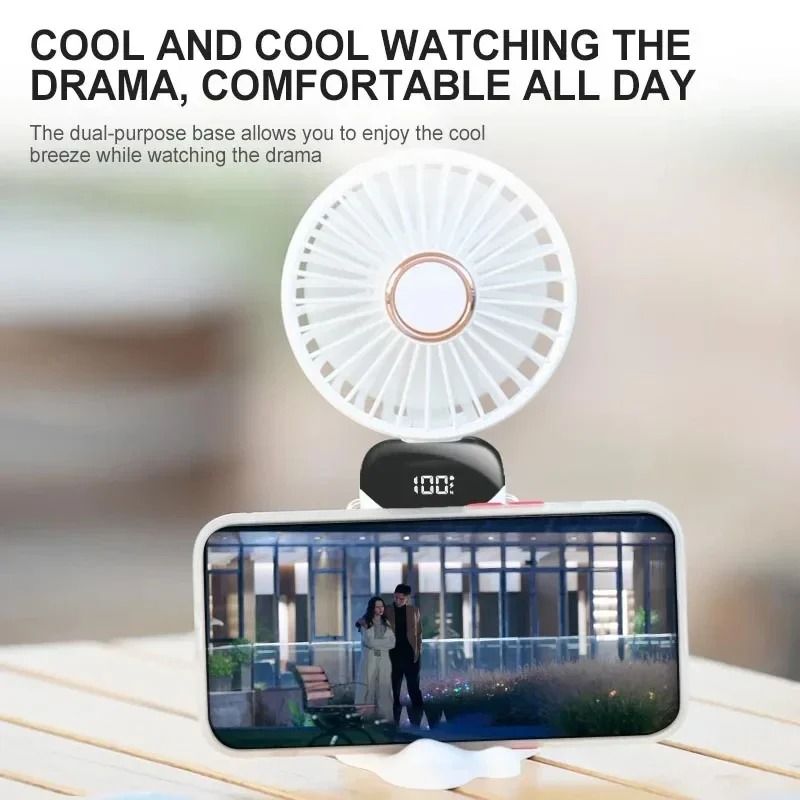 Handheld Mini Foldable Neck Hanging Fan with LED Display and Phone Stand