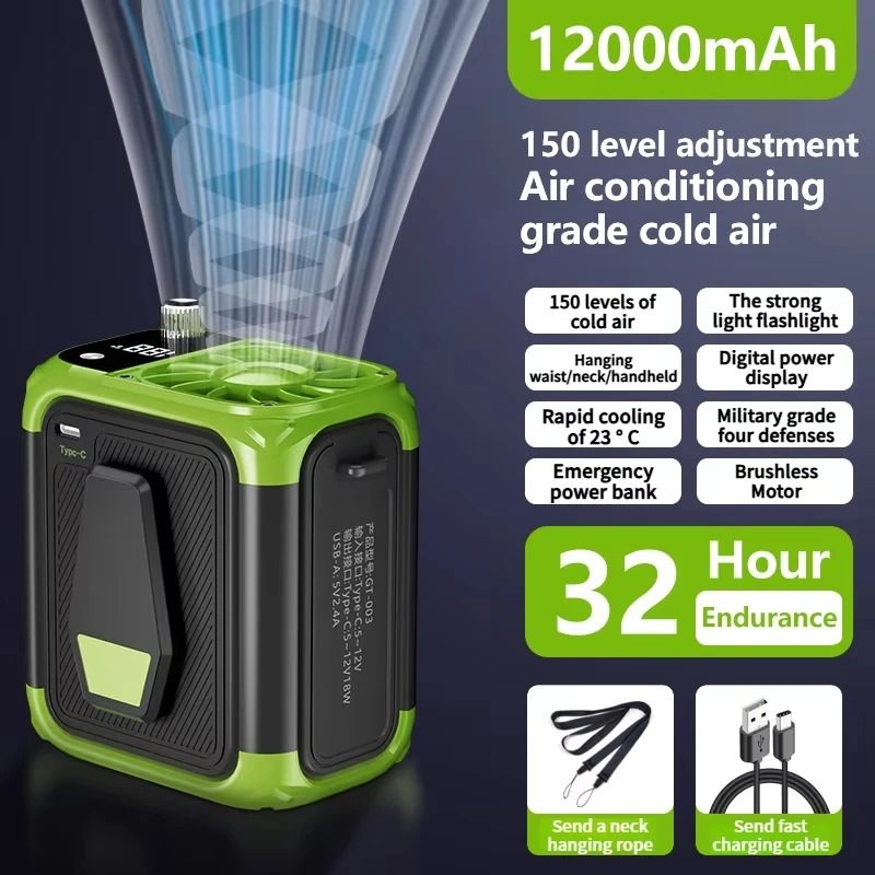 Mini High-Speed Waist Fan – Bladeless USB Hanging Fan with Power Bank and LED Display