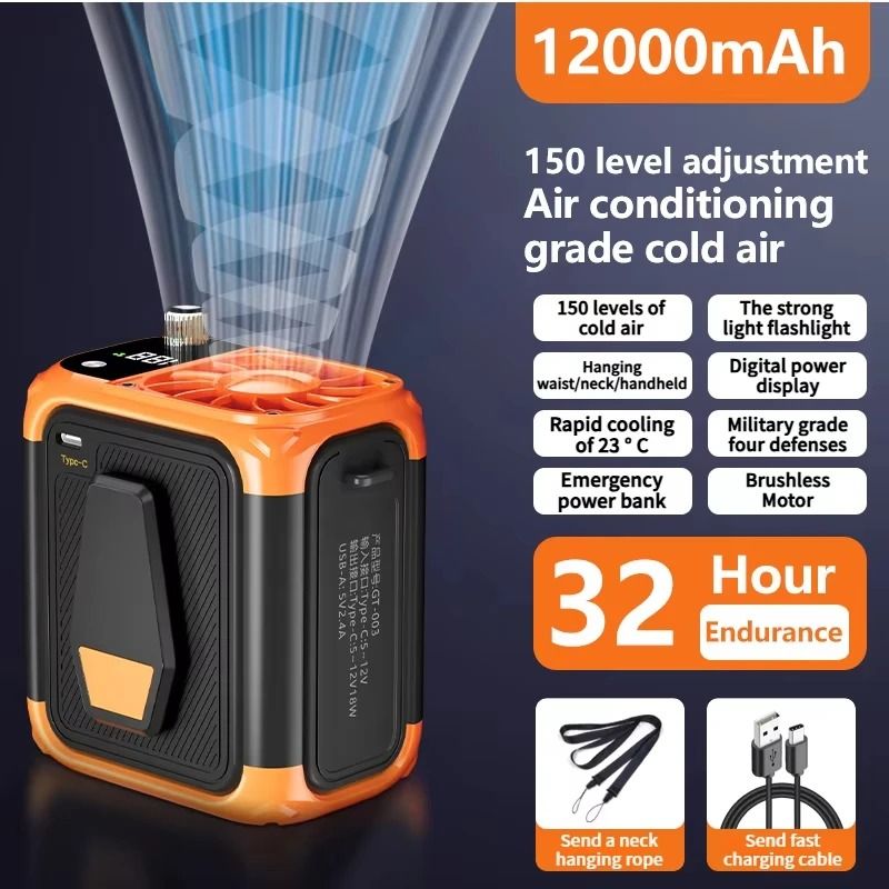 Mini High-Speed Waist Fan – Bladeless USB Hanging Fan with Power Bank and LED Display