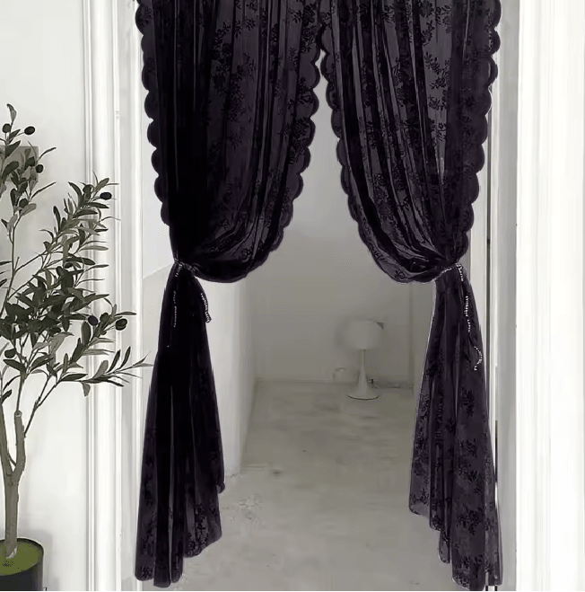 Velora Black Floral Lace Sheer Curtain Panel