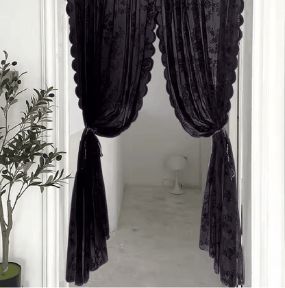 Velora Black Floral Lace Sheer Curtain Panel