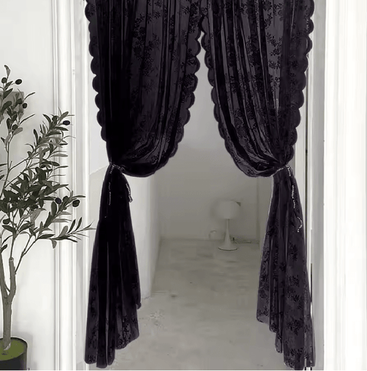 Velora Black Floral Lace Sheer Curtain Panel
