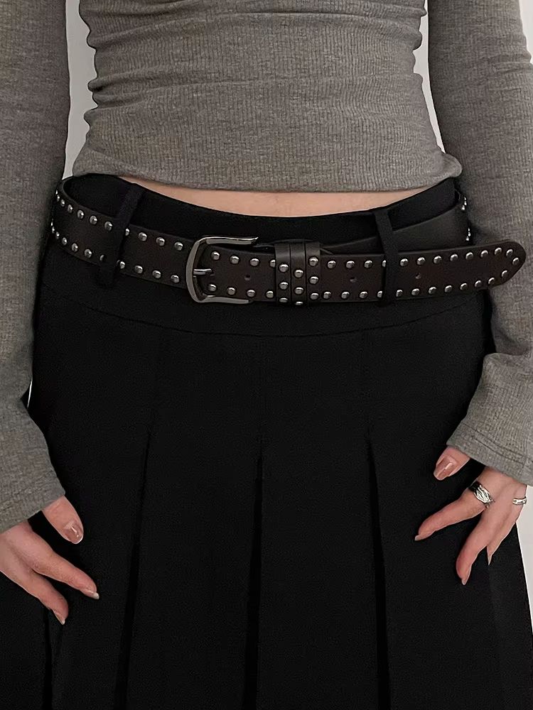 Edge-Rivet Tie-In Belt – Black Studded Fashion Belt for Women & Jeans