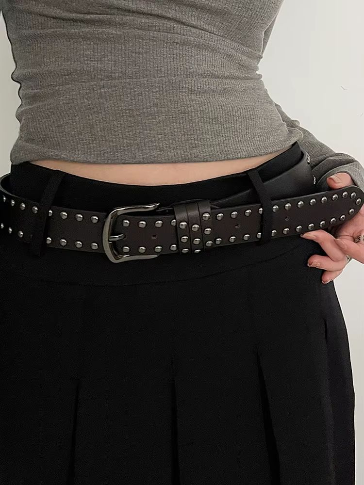 Edge-Rivet Tie-In Belt – Black Studded Fashion Belt for Women & Jeans