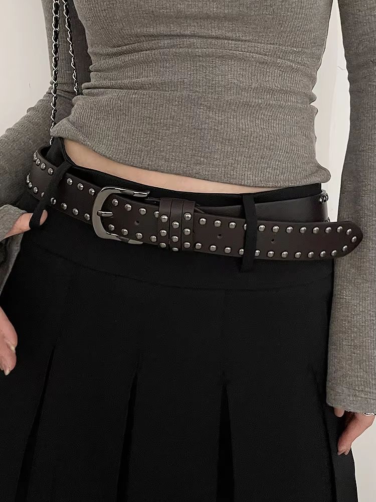 Edge-Rivet Tie-In Belt – Black Studded Fashion Belt for Women & Jeans