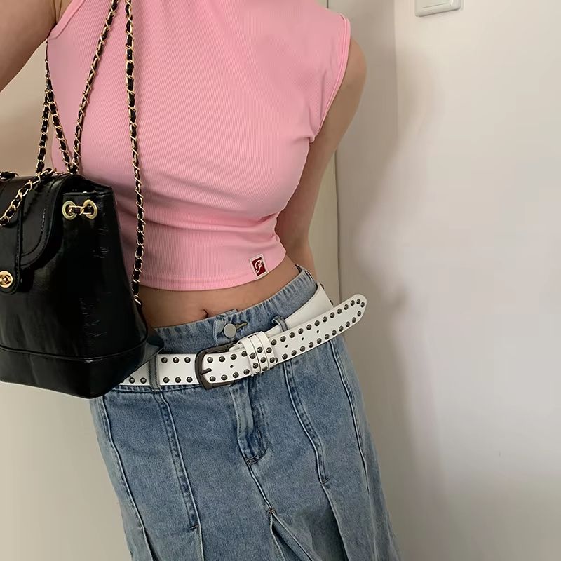 Edge-Rivet Tie-In Belt – Black Studded Fashion Belt for Women & Jeans