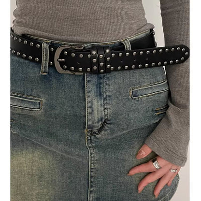 Edge-Rivet Tie-In Belt – Black Studded Fashion Belt for Women & Jeans