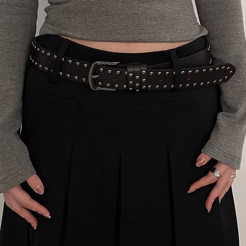 Edge-Rivet Tie-In Belt – Black Studded Fashion Belt for Women & Jeans