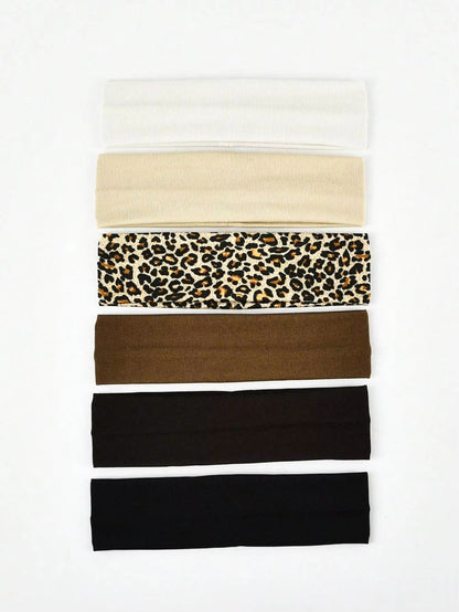 FlexFit Leopard-Print & Solid Headband Set – 6-Piece Sweat-Absorbing Headbands for Unisex Sports & Leisure