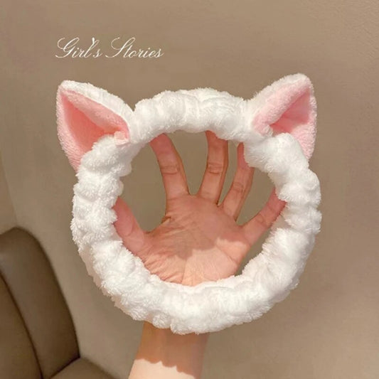Cute Soft Hair Bow Headband Coral Plush Cat Ear Makeup Wash Face Band