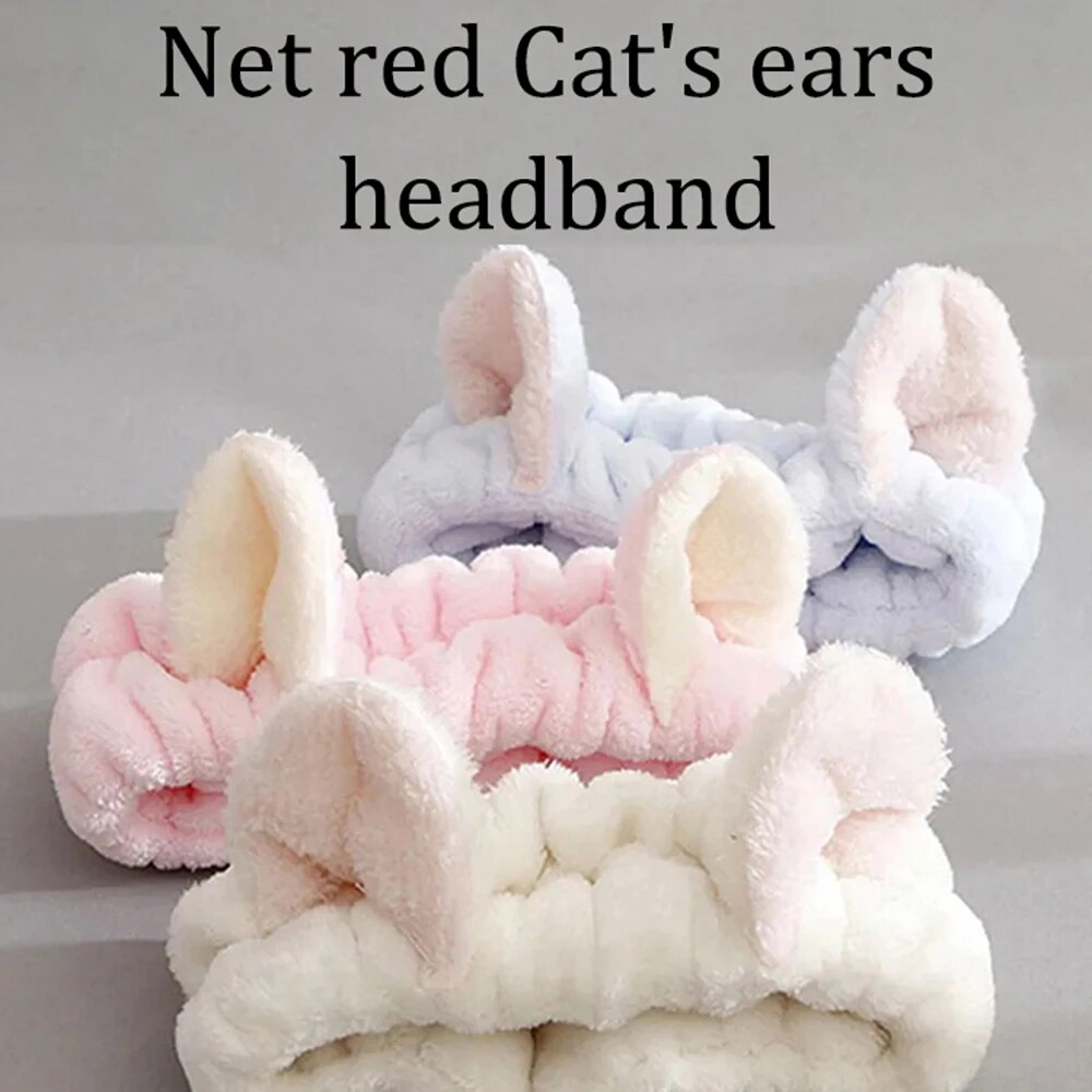 Cute Soft Hair Bow Headband Coral Plush Cat Ear Makeup Wash Face Band