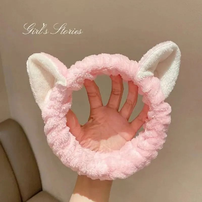 Cute Soft Hair Bow Headband Coral Plush Cat Ear Makeup Wash Face Band