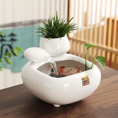 SereneFlow Ceramic Waterfall Hydroponic Vase Fountain – Desktop Meditation Water Feature