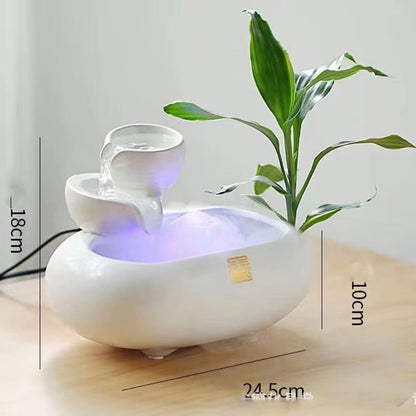 SereneFlow Ceramic Waterfall Hydroponic Vase Fountain – Desktop Meditation Water Feature