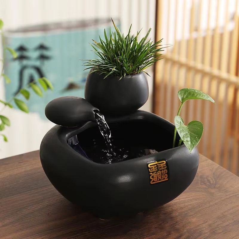 SereneFlow Ceramic Waterfall Hydroponic Vase Fountain – Desktop Meditation Water Feature