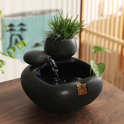 SereneFlow Ceramic Waterfall Hydroponic Vase Fountain – Desktop Meditation Water Feature