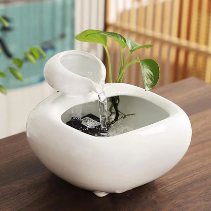 SereneFlow Ceramic Waterfall Hydroponic Vase Fountain – Desktop Meditation Water Feature