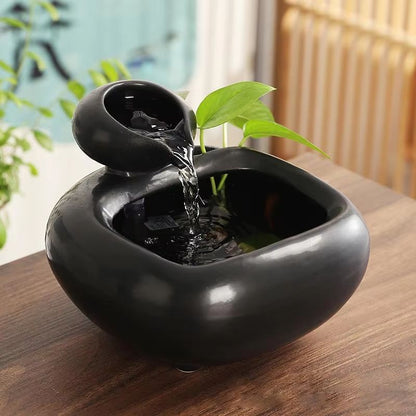SereneFlow Ceramic Waterfall Hydroponic Vase Fountain – Desktop Meditation Water Feature