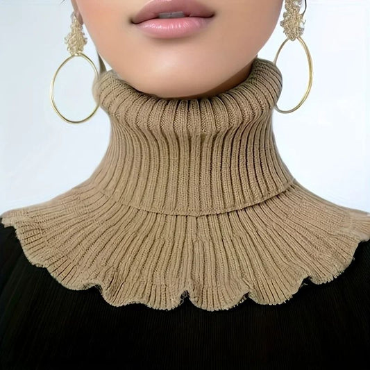 Fashionable Black and White Knitted False Neck Scarf with Elegant Ruffle Edge