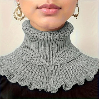 Fashionable Black and White Knitted False Neck Scarf with Elegant Ruffle Edge