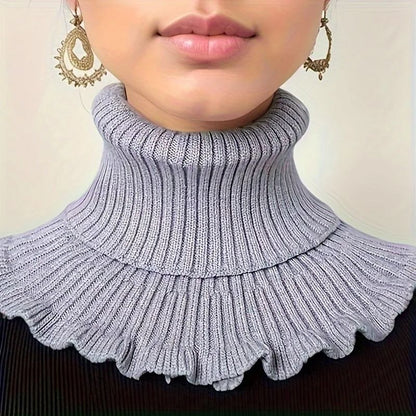Fashionable Black and White Knitted False Neck Scarf with Elegant Ruffle Edge