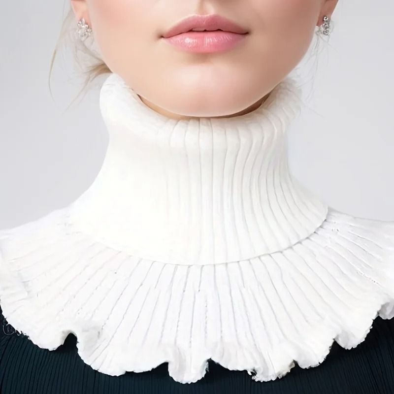 Fashionable Black and White Knitted False Neck Scarf with Elegant Ruffle Edge