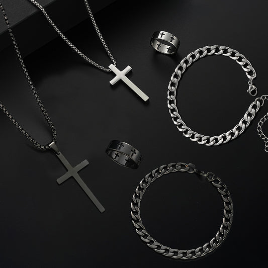Men Stainless Steel Chain Necklace, Cross Pendant Jewellery Set, Bracelet Ring Hip Hop Daily Wear Accessories