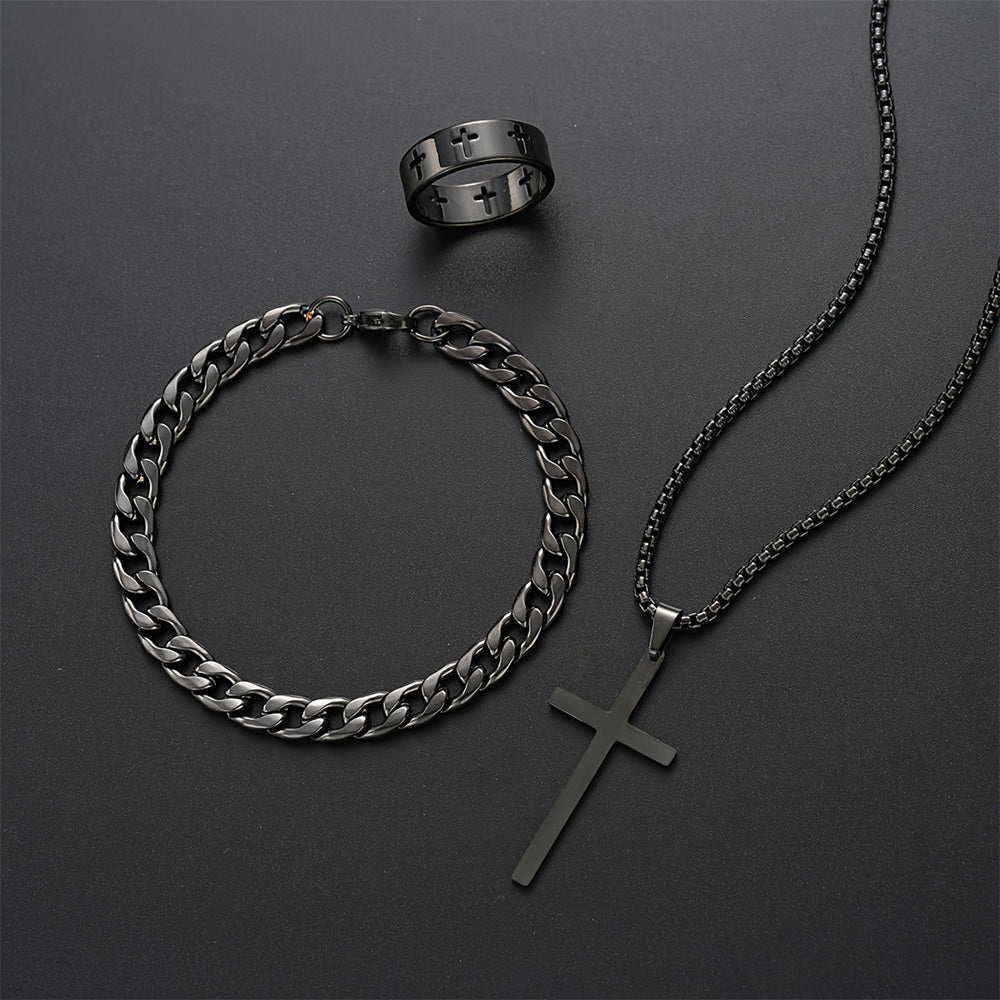 Men Stainless Steel Chain Necklace, Cross Pendant Jewellery Set, Bracelet Ring Hip Hop Daily Wear Accessories