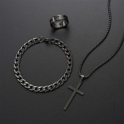 Men Stainless Steel Chain Necklace, Cross Pendant Jewellery Set, Bracelet Ring Hip Hop Daily Wear Accessories