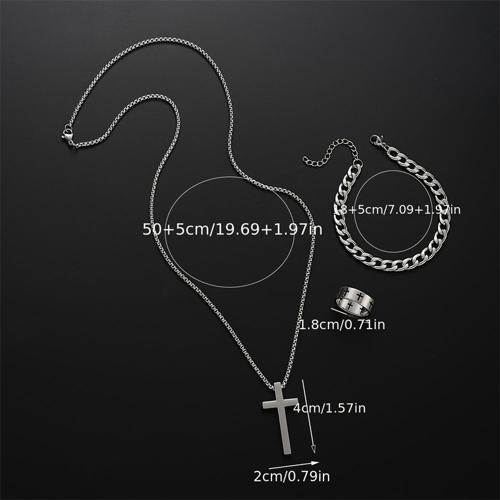 Men Stainless Steel Chain Necklace, Cross Pendant Jewellery Set, Bracelet Ring Hip Hop Daily Wear Accessories