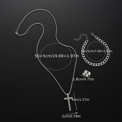 Men Stainless Steel Chain Necklace, Cross Pendant Jewellery Set, Bracelet Ring Hip Hop Daily Wear Accessories