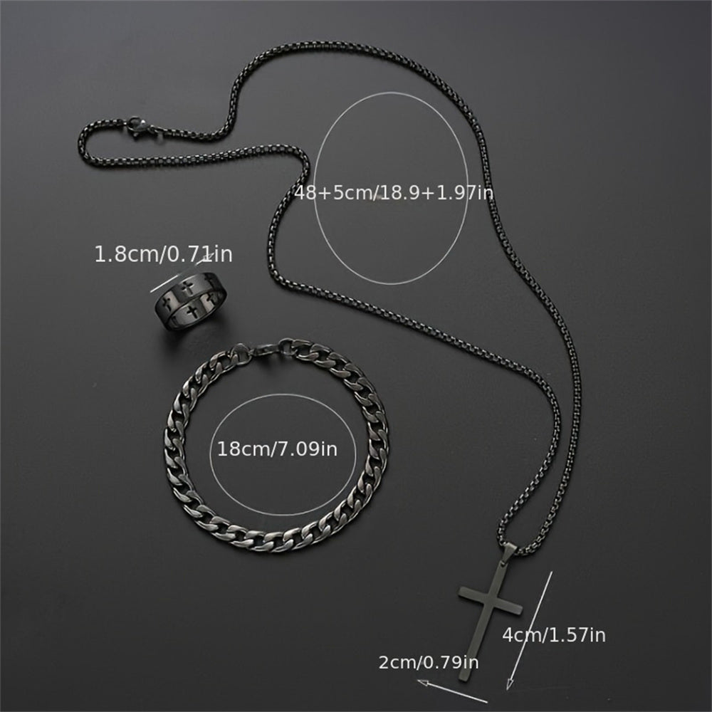 Men Stainless Steel Chain Necklace, Cross Pendant Jewellery Set, Bracelet Ring Hip Hop Daily Wear Accessories