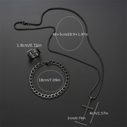 Men Stainless Steel Chain Necklace, Cross Pendant Jewellery Set, Bracelet Ring Hip Hop Daily Wear Accessories