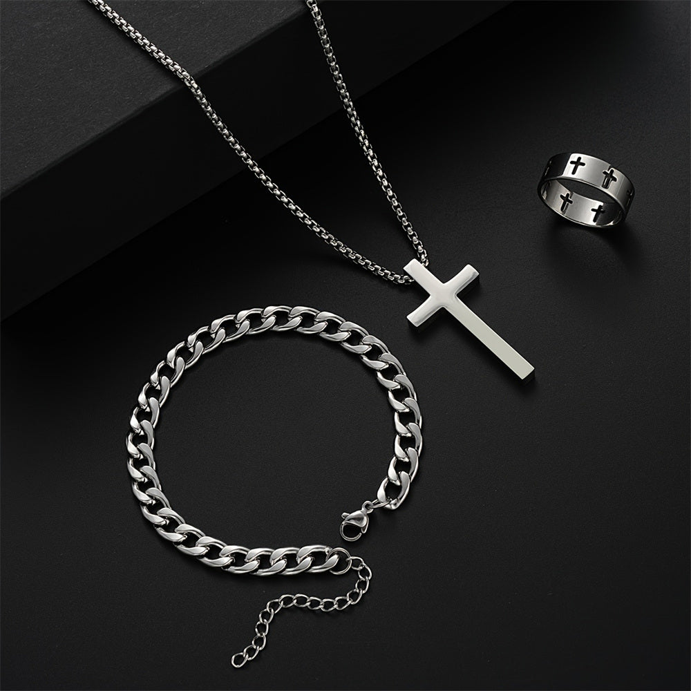 Men Stainless Steel Chain Necklace, Cross Pendant Jewellery Set, Bracelet Ring Hip Hop Daily Wear Accessories