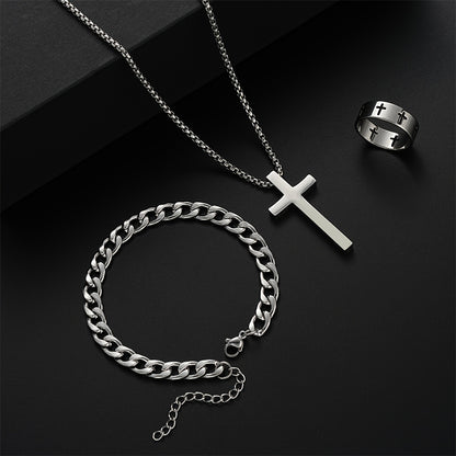 Men Stainless Steel Chain Necklace, Cross Pendant Jewellery Set, Bracelet Ring Hip Hop Daily Wear Accessories