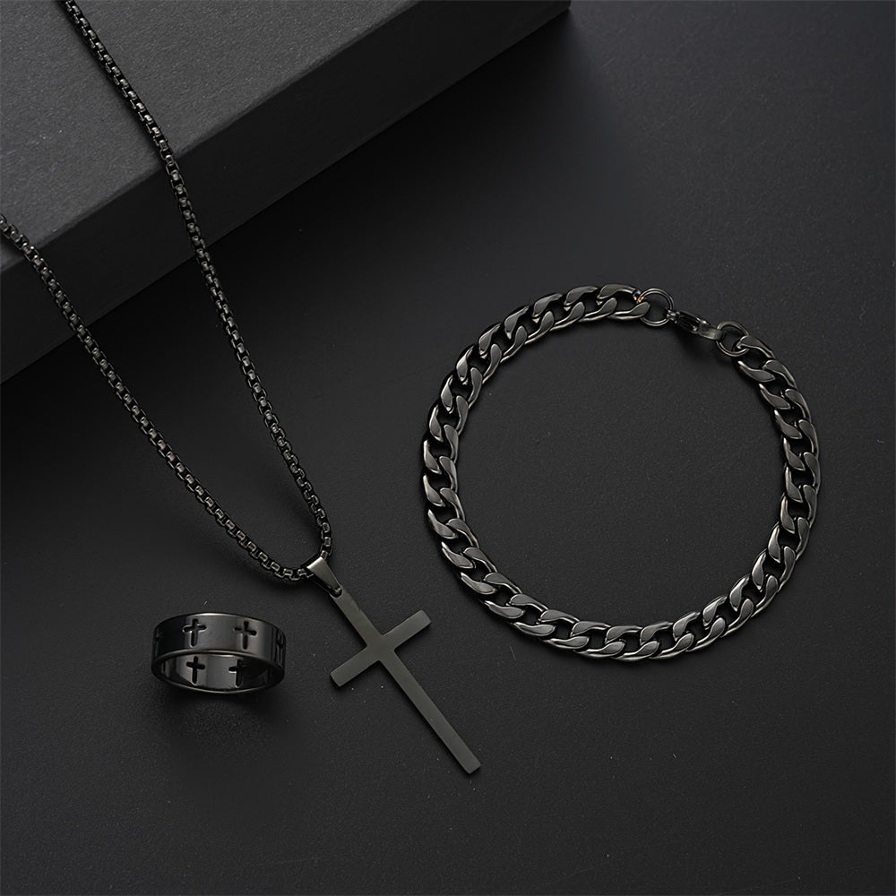 Men Stainless Steel Chain Necklace, Cross Pendant Jewellery Set, Bracelet Ring Hip Hop Daily Wear Accessories