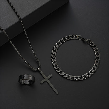 Men Stainless Steel Chain Necklace, Cross Pendant Jewellery Set, Bracelet Ring Hip Hop Daily Wear Accessories