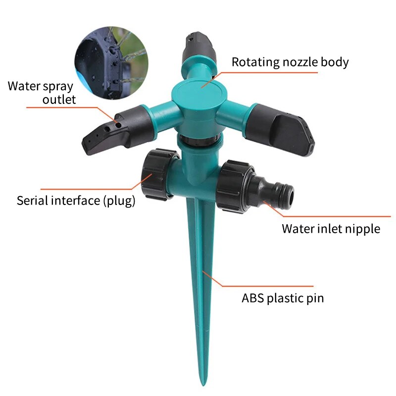 Rotating Lawn Sprinkler, Garden Sprinkler, 360-Degree Automatic, Three-Fork Sprinkler Head, For Yard