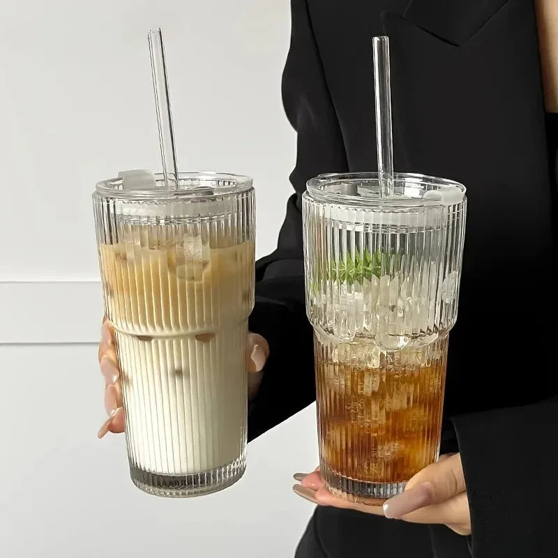 Stripe Glass Cup, Transparent Glasses with Lid and Straw, Ice Coffee Mug Tea Cup Juice Glass Milk Water Cup Drinkware
