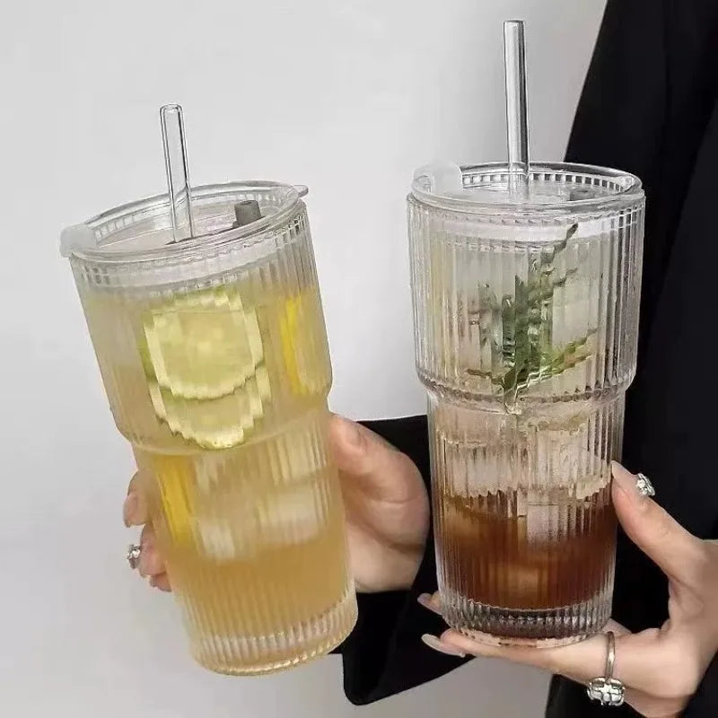 Stripe Glass Cup, Transparent Glasses with Lid and Straw, Ice Coffee Mug Tea Cup Juice Glass Milk Water Cup Drinkware