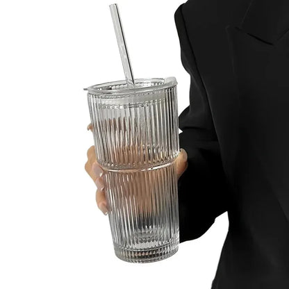 Stripe Glass Cup, Transparent Glasses with Lid and Straw, Ice Coffee Mug Tea Cup Juice Glass Milk Water Cup Drinkware